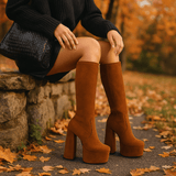 Naisten Polvenkorkuiset Saappaat – Nappanahka Look – Paksu Korko – Alustasaapas - EmiyoSuomi - Saappaat Nainen