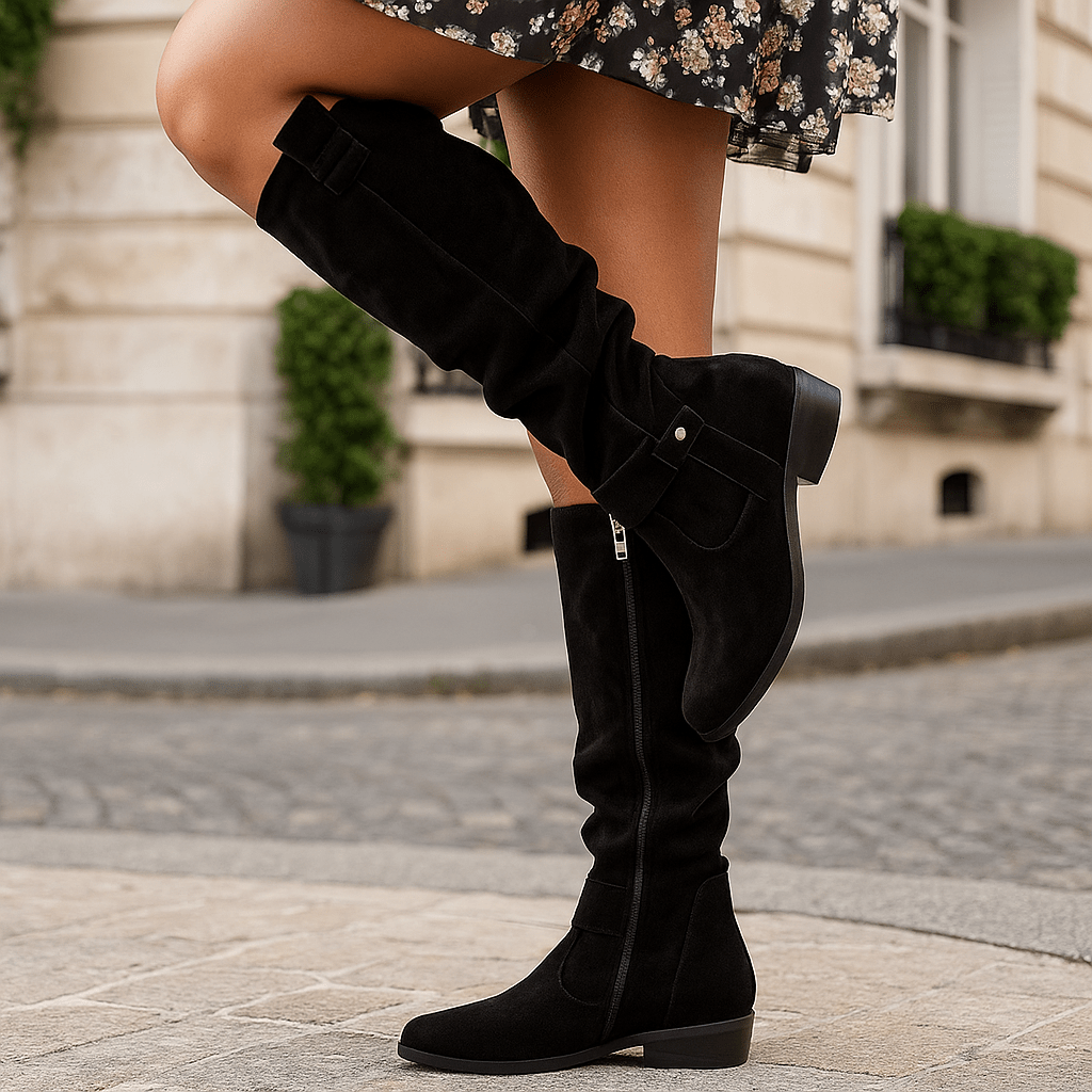 Naisten Polvenkorkuiset Saappaat - Nappanahka Viimeistely - Matala Korko - Pyöreä Varvas - Sivulukko - Solki Yksityiskohta - EmiyoSuomi - Saappaat Nainen