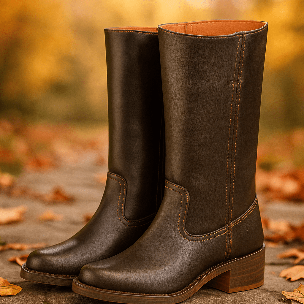 Naisten Polvipituiset Nahkasaappaat – Loivakorko – Rakenteellinen Pohjemitta – Ompelemisdetaali - EmiyoSuomi - Saappaat Nainen