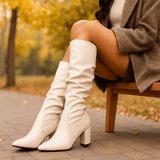 Naisten Polvipituiset Nahkasaappaat - Terävä Kärkinen - Pleated Varsi - Läpihäntä - EmiyoSuomi - Saappaat Nainen