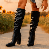 Naisten Polvipituiset Nahkasaappaat - Terävä Kärkinen - Pleated Varsi - Läpihäntä - EmiyoSuomi - Saappaat Nainen