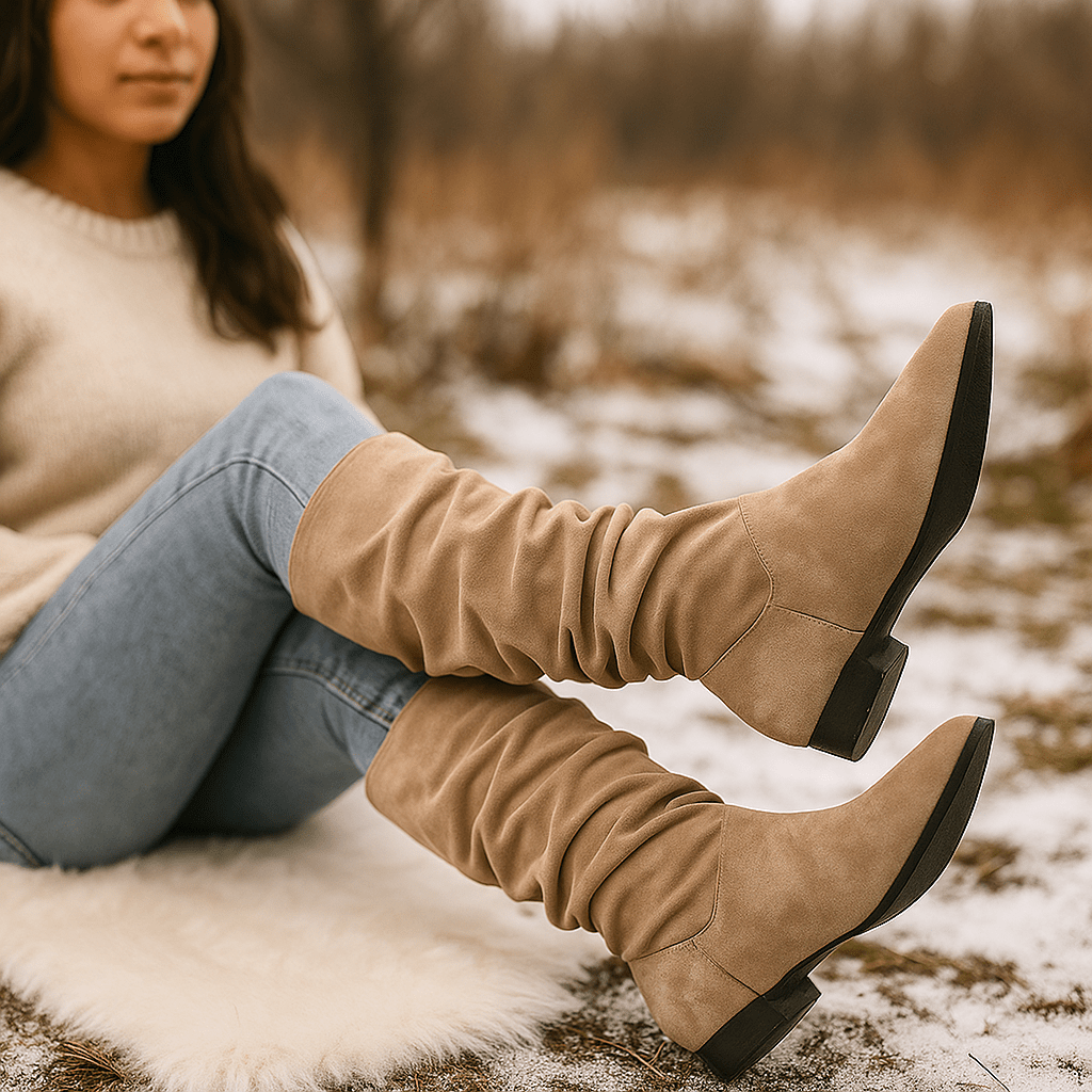 Naisten Polvipituiset Samettikengät - Terävä Nilkka - Slip - On - Litteat Pohjat - EmiyoSuomi - Saappaat Nainen