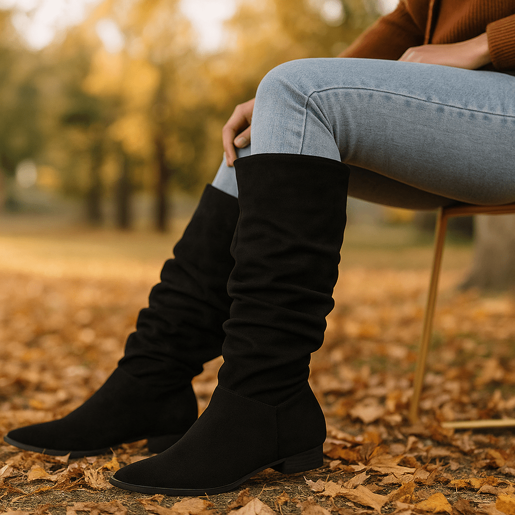 Naisten Polvipituiset Samettikengät - Terävä Nilkka - Slip - On - Litteat Pohjat - EmiyoSuomi - Saappaat Nainen
