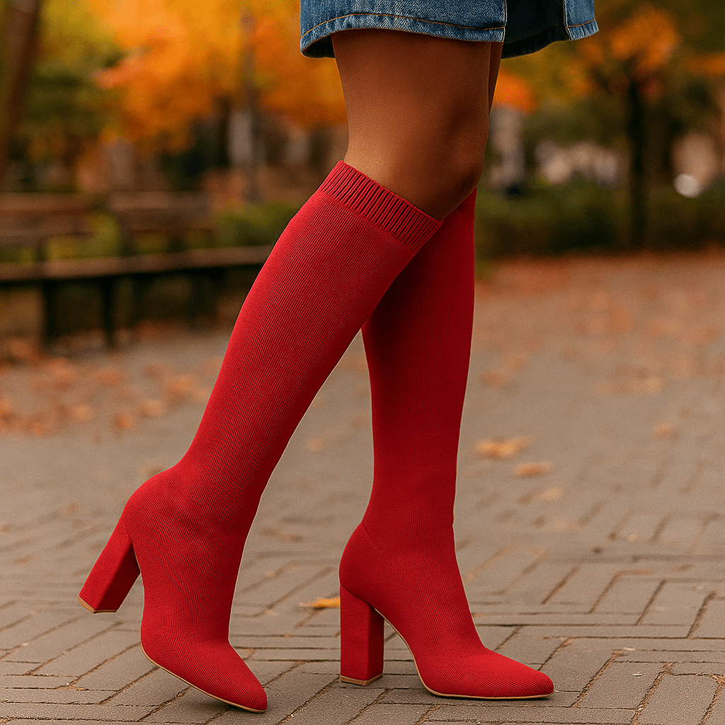 Naisten Polvipituiset Sukka Saappaat - Stretch - Knit - Slim Fit - Terävä Varvas - Loivakorko - EmiyoSuomi - Saappaat Nainen