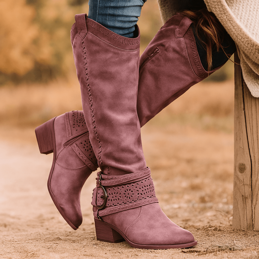 Naisten Saappaat – Samettimainen Viimeistely – Brodeerattu Varsiosa – Solki Koriste - EmiyoSuomi - Saappaat Nainen