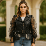 Naisten Tekonahkajakku - Läpinäkyvät Rypytetyt Hihat - Vyö - Vetoketjukiinnitys - EmiyoSuomi - Takki Nainen