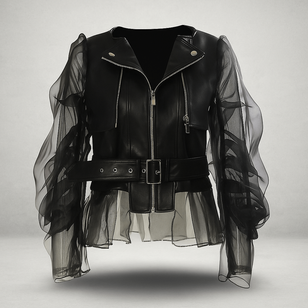 Naisten Tekonahkajakku - Läpinäkyvät Rypytetyt Hihat - Vyö - Vetoketjukiinnitys - EmiyoSuomi - Takki Nainen