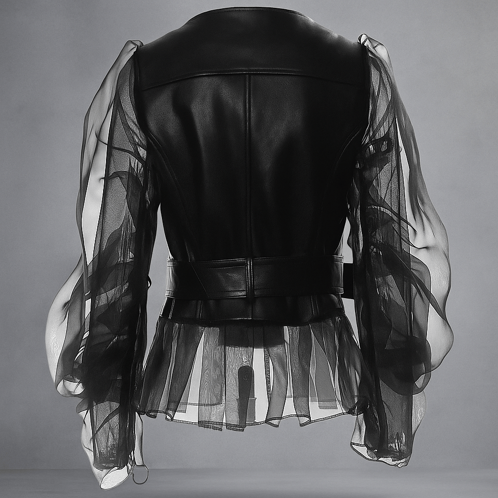 Naisten Tekonahkajakku - Läpinäkyvät Rypytetyt Hihat - Vyö - Vetoketjukiinnitys - EmiyoSuomi - Takki Nainen