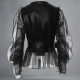 Naisten Tekonahkajakku - Läpinäkyvät Rypytetyt Hihat - Vyö - Vetoketjukiinnitys - EmiyoSuomi - Takki Nainen