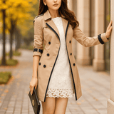 Naisten Trench Coat – Slim Fit – Kaksoispainike – Polvipituinen – Rakenteellinen Kangas - EmiyoSuomi - Takki Nainen