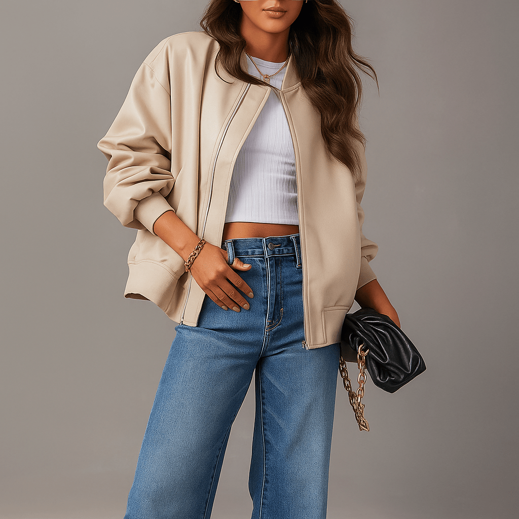 Naisten Ylisuuria Nahkatakki - Vetoketju - Ribattu Reuna - Lantion Pituus - EmiyoSuomi - Takki Nainen