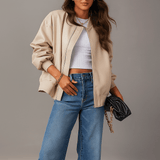 Naisten Ylisuuria Nahkatakki - Vetoketju - Ribattu Reuna - Lantion Pituus - EmiyoSuomi - Takki Nainen