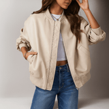 Naisten Ylisuuria Nahkatakki - Vetoketju - Ribattu Reuna - Lantion Pituus - EmiyoSuomi - Takki Nainen