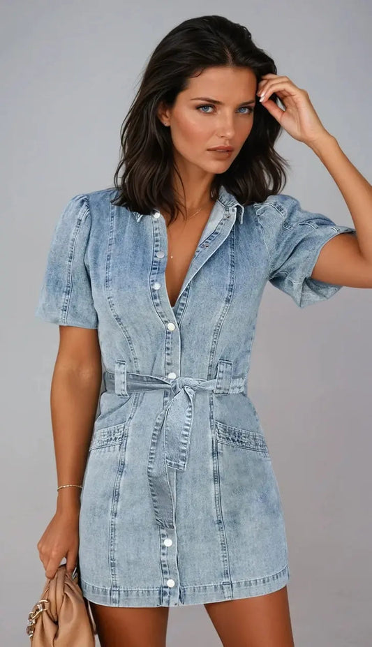 Mekko Puffihihalla - Trendikäs Denim Napillinen-Mekot-EmiyoSuomi