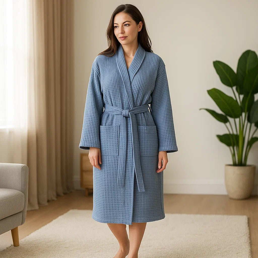 SereneLuxe – Puuvillainen Waffle - kylpytakki Elegantilla V - muotoisella Kaula - aukolla - EmiyoSuomi - Kylpytakit