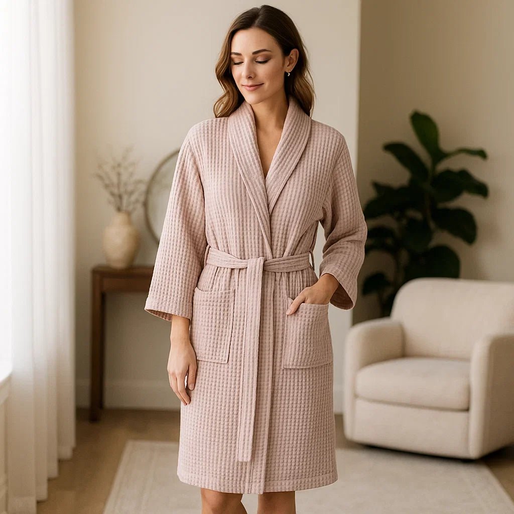 SereneLuxe – Puuvillainen Waffle - kylpytakki Elegantilla V - muotoisella Kaula - aukolla - EmiyoSuomi - Kylpytakit