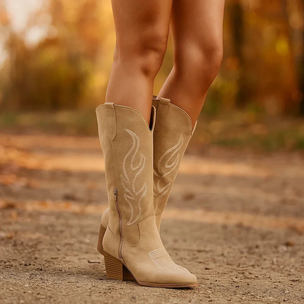 Stilla Cowboy - saappaat - Retro Paksu Korko - Terävä Kärkinen Sivuvetoketjulla - EmiyoSuomi - Saappaat Nainen