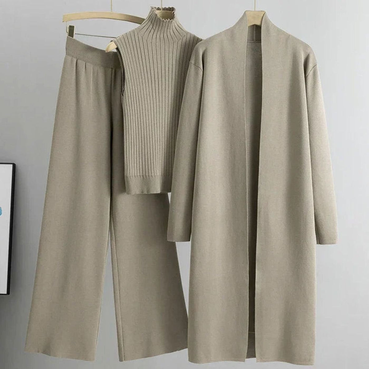 Naisten 3 osainen neulekoordinaatti cardigan leveälahkeiset housut ribbattu top