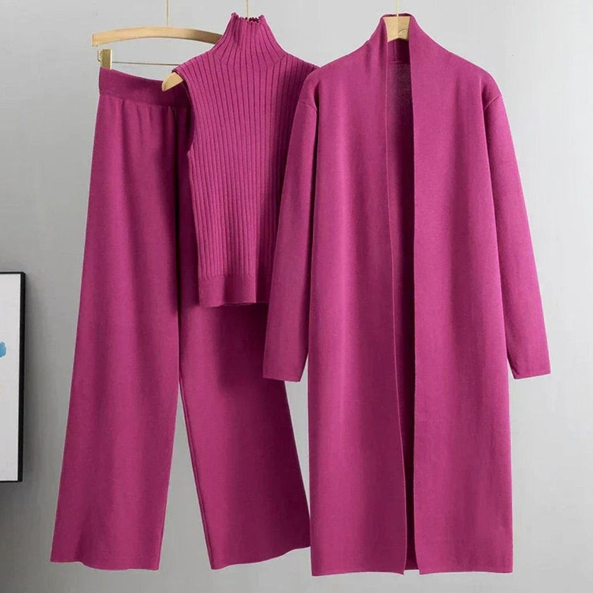 Naisten 3 osainen neulekoordinaatti cardigan leveälahkeiset housut ribbattu top