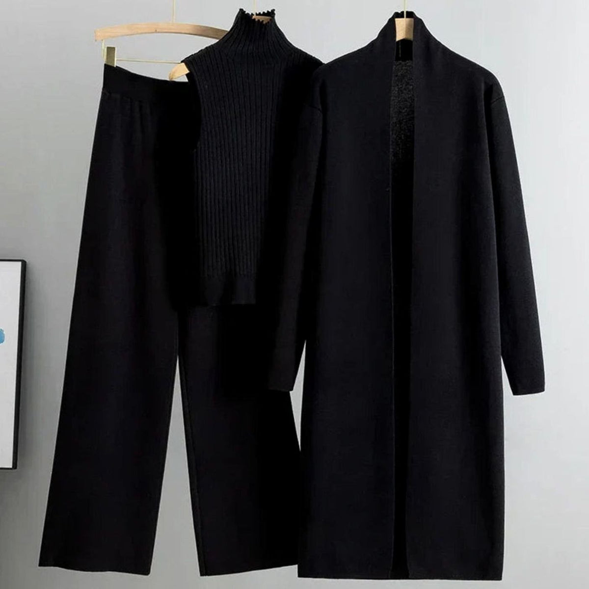 Naisten 3 osainen neulekoordinaatti cardigan leveälahkeiset housut ribbattu top
