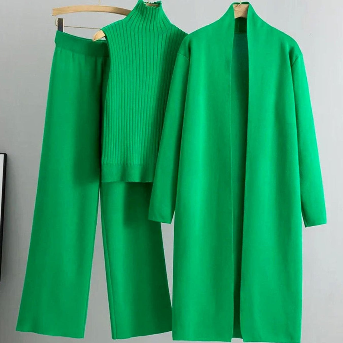 Naisten 3 osainen neulekoordinaatti cardigan leveälahkeiset housut ribbattu top