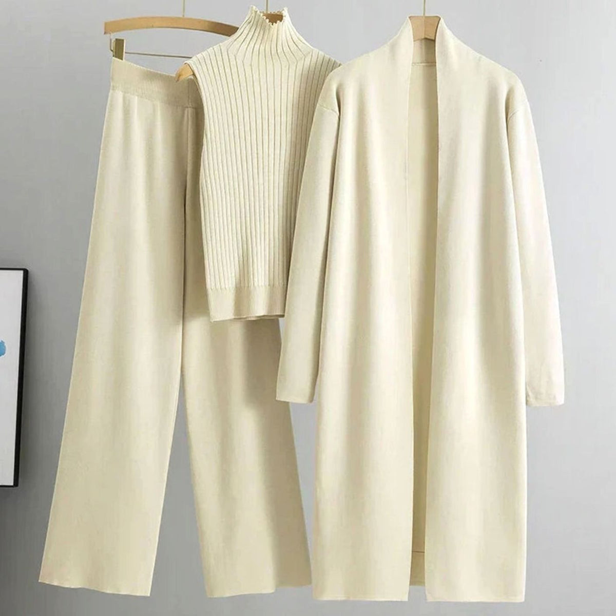 Naisten 3 osainen neulekoordinaatti cardigan leveälahkeiset housut ribbattu top