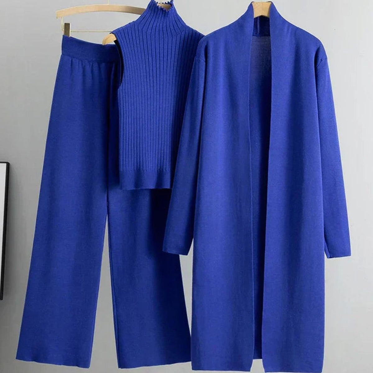 Naisten 3 osainen neulekoordinaatti cardigan leveälahkeiset housut ribbattu top