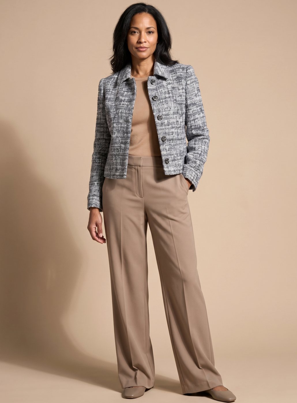 Naisten tweed kaksiosäinen blazer set leveälahkeiset cropped housut