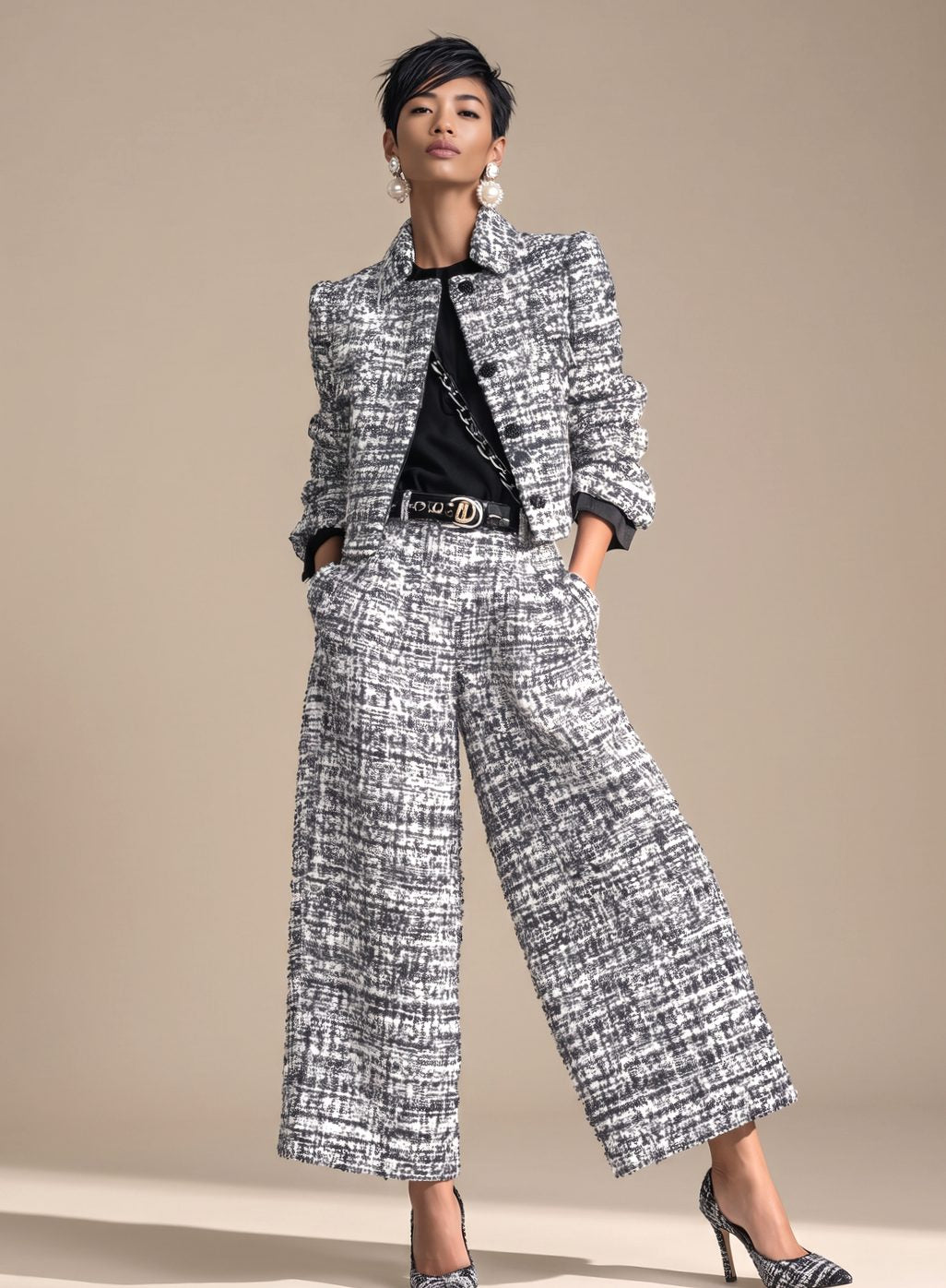 Naisten tweed kaksiosäinen blazer set leveälahkeiset cropped housut